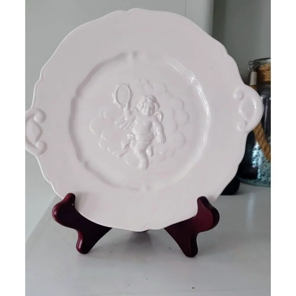 Set 4 VTG Fitz & Floyd Omnibus Cherub White Angel Handle Serving Or Snack Plates